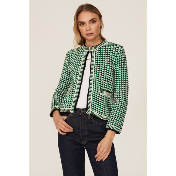 Maje Manelanne Green Tricolor Geometric Knit Cardigan Sweater Size Medium - Picture 1 of 15